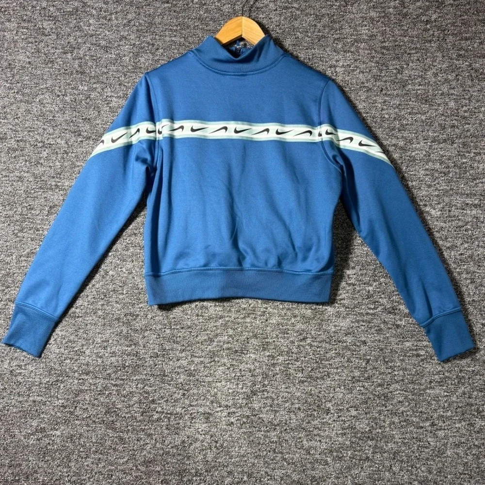 Nike Therma-FIT Womens Blue Cropped Quarter Zip Pullover Fleece Logo Tape Medium - Picture 3 of 11